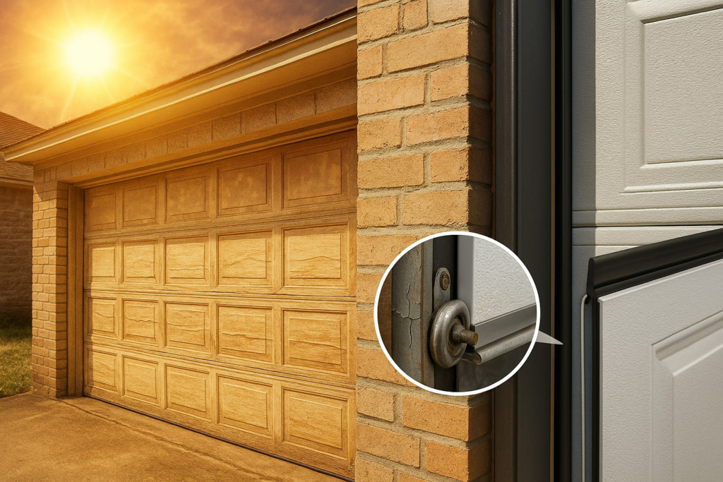 Choosing The Right Garage Door Repair Service In Austin, Tx 4 Sun-damaged garage door with cracked panel and worn hardware, showing need for professional garage door repairs.