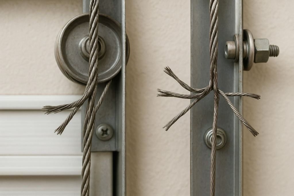 Choosing The Right Garage Door Repair Service In Austin, Tx 3 Close-up of frayed and broken garage door cables, showing urgent need for garage door repairs.