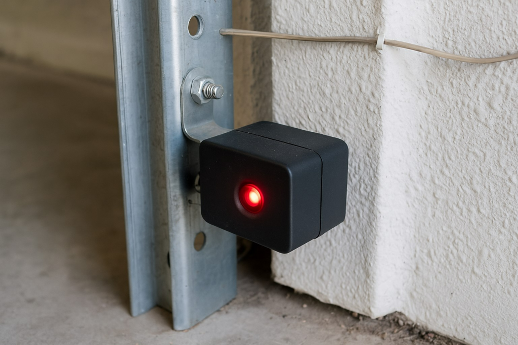 Close-up of a working garage door sensor with red light, essential for repair garage door safety features.