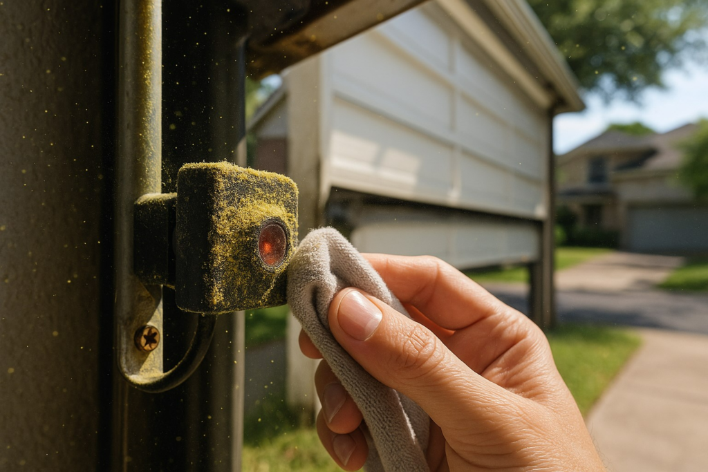 Hand cleaning dusty garage door sensor, showing maintenance to repair garage door safety system.