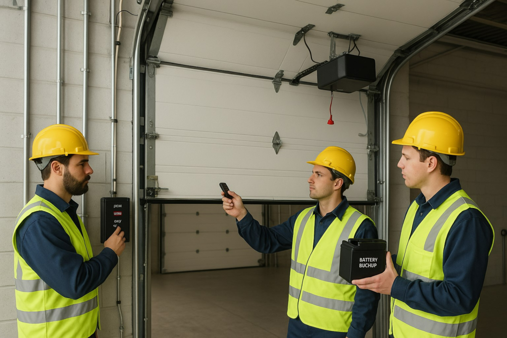 Technicians testing opener and backup system during commercial garage door repair.
