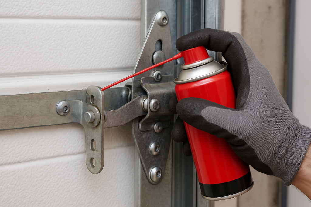 Technician applying lubricant to metal hinges during a garage door tune-up to maintain smooth and quiet movement.