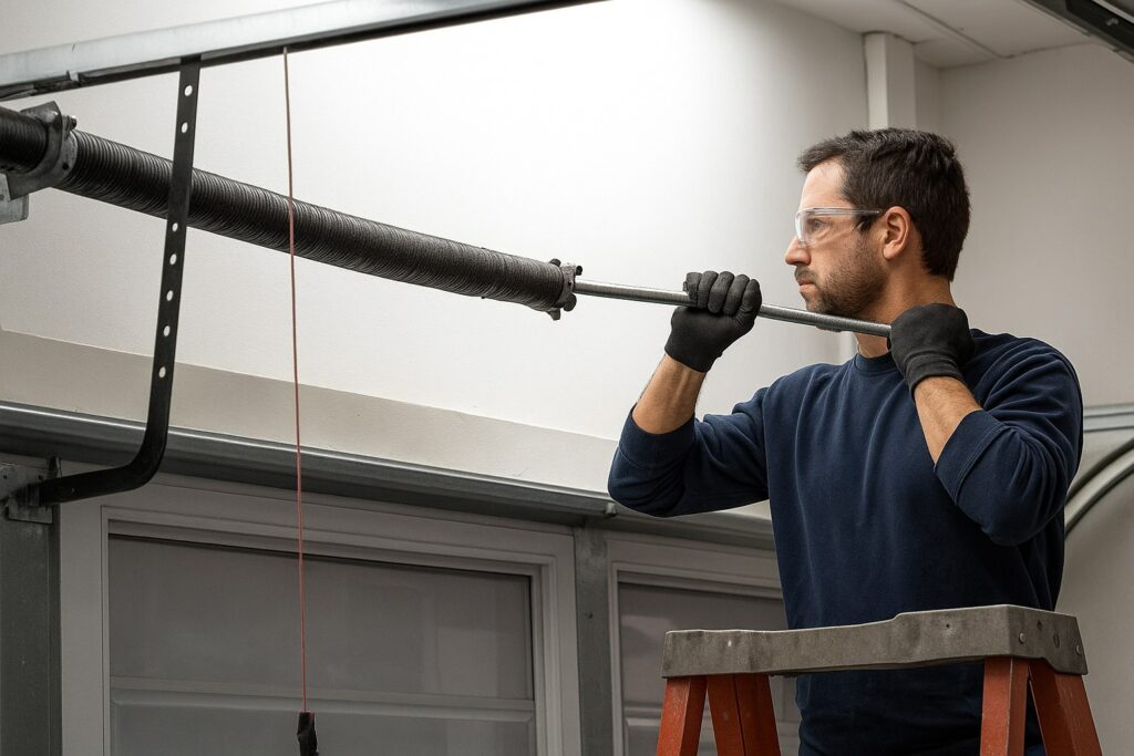 Garage door repair technician replacing a torsion spring while standing on a ladder, wearing safety glasses and gloves.